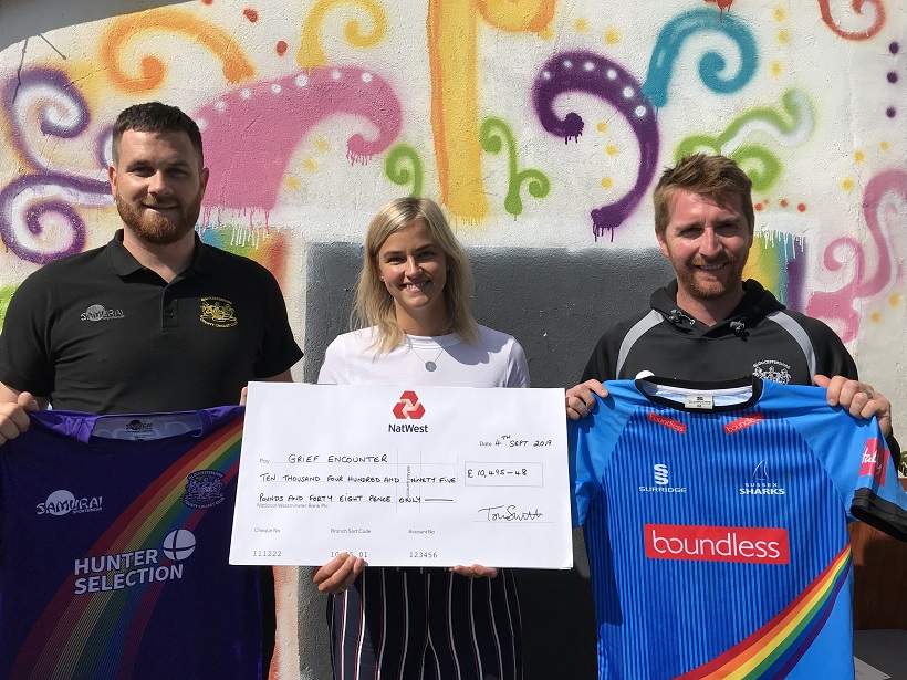 Community Engagement Officer Pete Lamb, Grief Encounter Fundraising Manager Chelsea Harding & Gloucestershire cricketer Tom Smith.